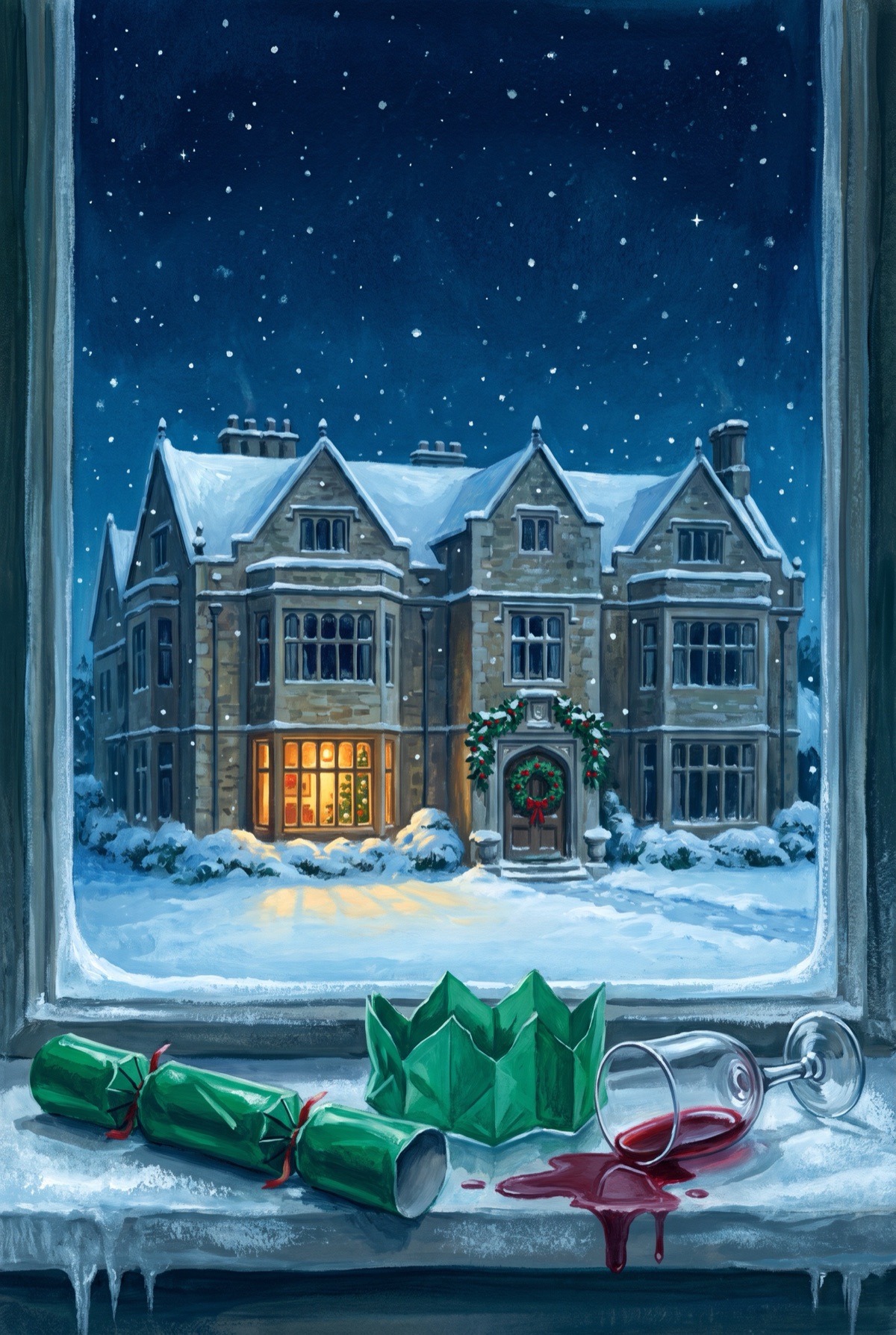 A painting of a snowy English manor at night, seen through a window, with a pulled green Christmas cracker and a spilled glass of red wine on the sill.