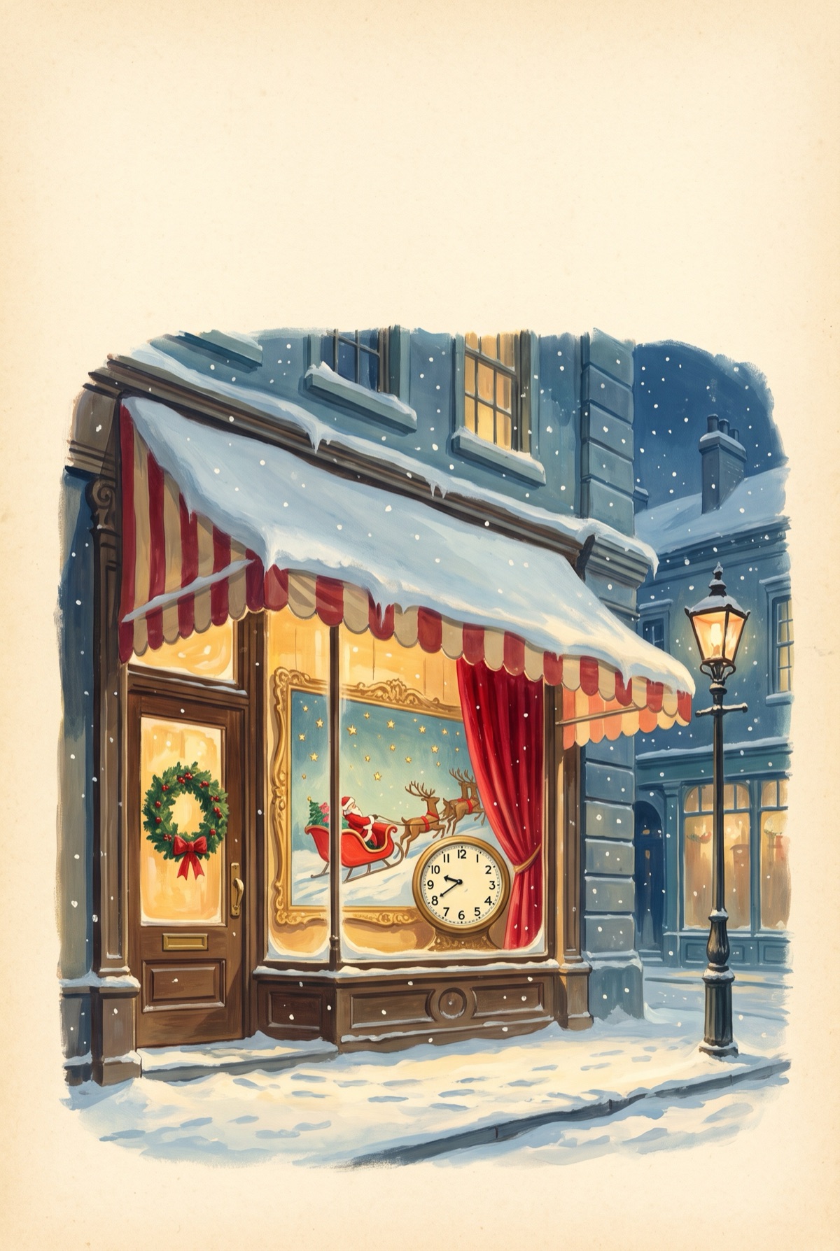 A 1950s-style painting of a department store’s Christmas window on a snowy night: a sleigh and reindeer behind the glass, a red velvet curtain, a large clock and a lit street lamp.