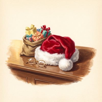 A painting of a Father Christmas hat, a sack of presents and round glasses.