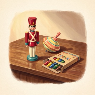 A painting of a toy soldier, a spinning top and a box of crayons.