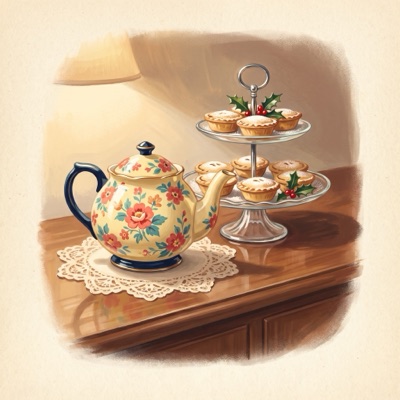 A painting of a flowered teapot, a cake stand and a lace doily.