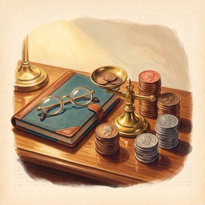 A painting of an account book, round glasses, a brass coin scale and stacks of coins.