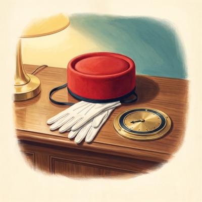 A painting of a red pillbox hat, white gloves and a brass dial.