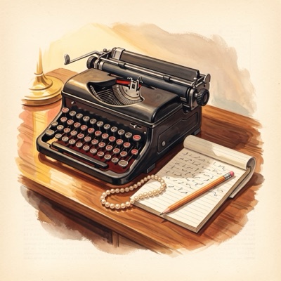 A painting of a typewriter, a string of pearls and a shorthand notebook.