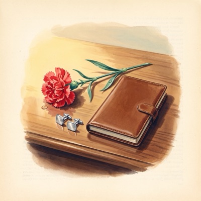 A painting of a red carnation, a leather diary and cufflinks on a desk.