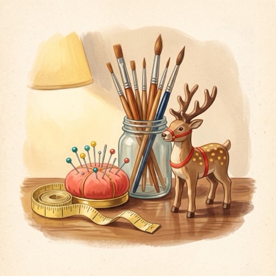 A painting of paintbrushes in a jar, a pincushion, a tape measure and a toy reindeer.