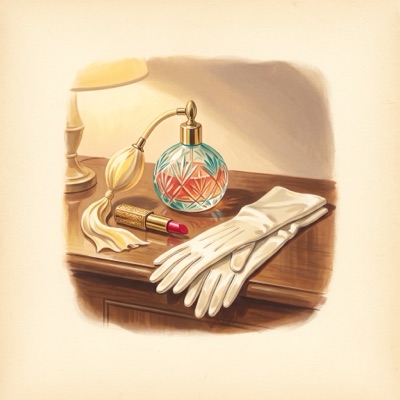 A painting of a cut-glass perfume bottle and long evening gloves under a lamp.