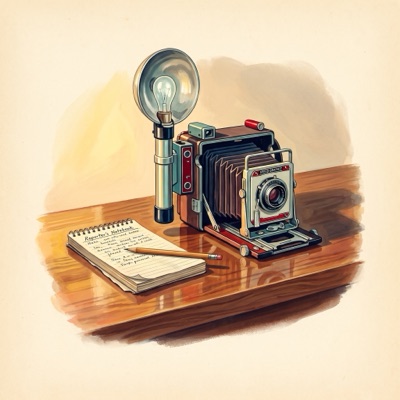 A painting of a press camera and a reporter’s notebook.