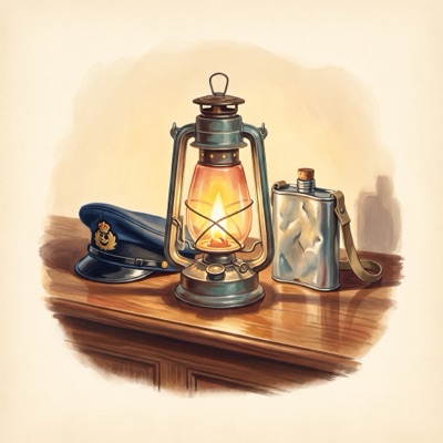 A painting of a peaked cap, a lit lantern and a flask.
