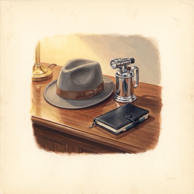 A painting of a trilby hat, a torch and a small notebook on a desk.