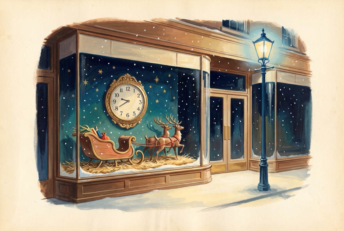A 1950s-style painting of a department store’s Christmas window at night, with a sleigh and two reindeer under a big clock, and a street lamp in the snow outside.
