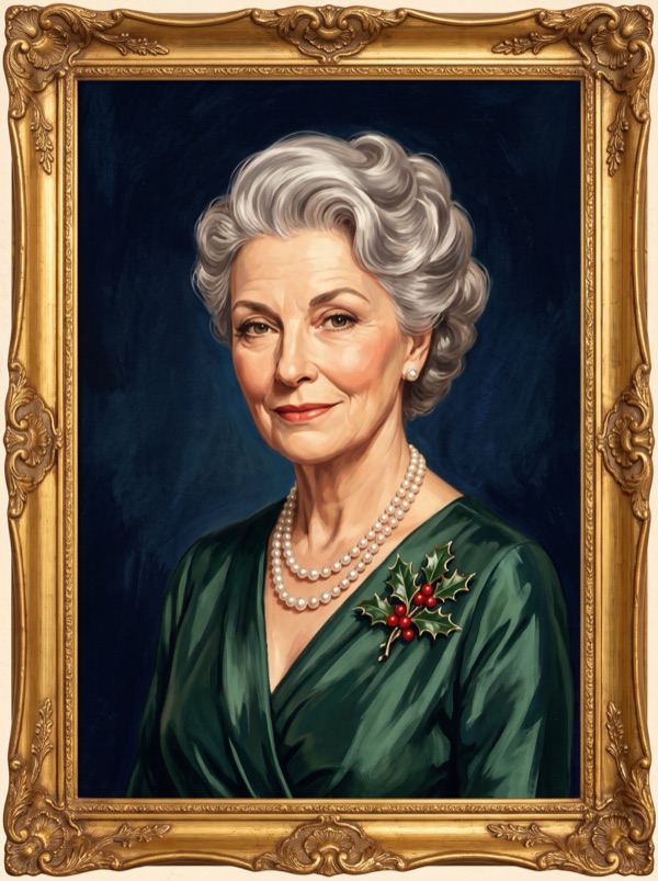 A painted portrait in a gold frame of a silver-haired woman in a green dress, with pearls and a holly brooch.