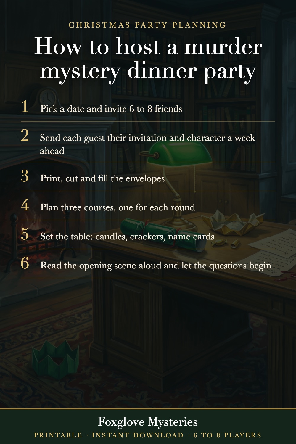 A list of six steps for hosting a murder mystery dinner, over a dim painting of a library at night.
