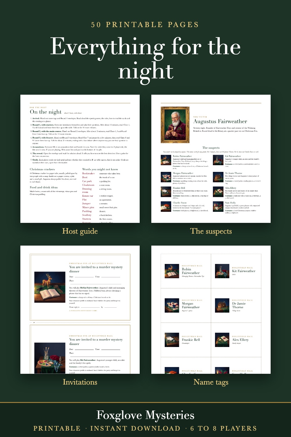 Four printed pages from the game: the host guide, the suspects, invitations and name tags.