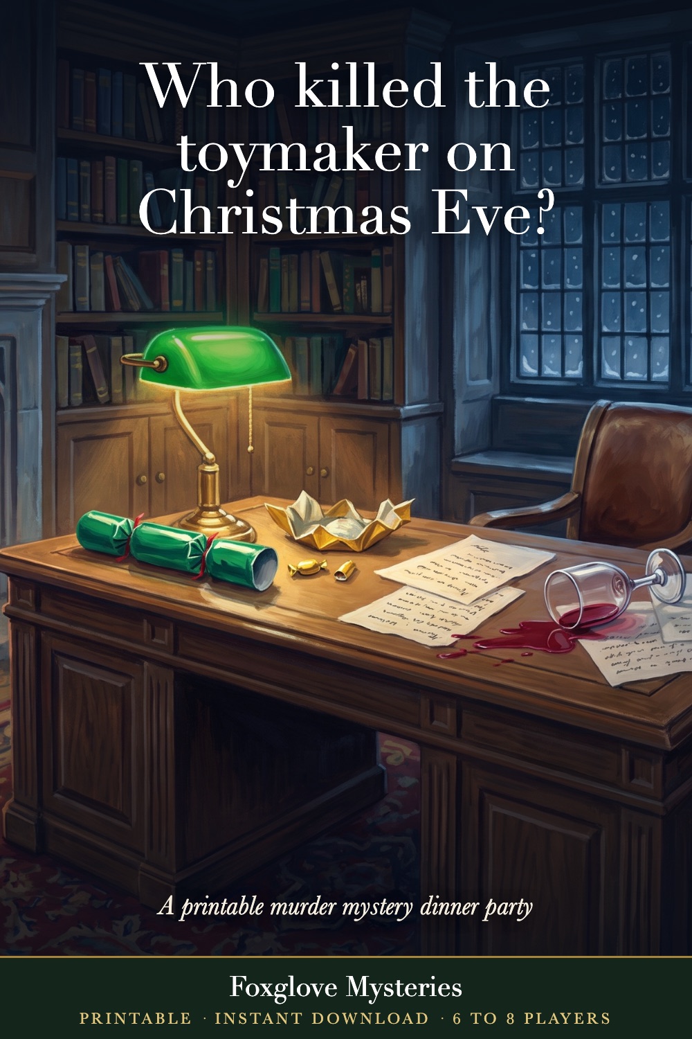 A painting of a wood-panelled library at night, with a green lamp on a desk, a pulled green Christmas cracker, scattered papers and a spilled glass of red wine by a snowy window.